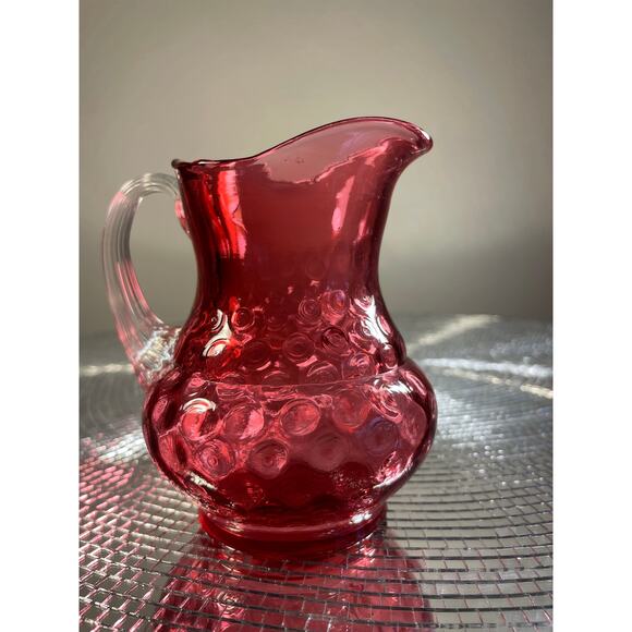 Vintage Cranberry Glass Coin Dot Thumbprint Pitcher W/ Clear Ribbed Bud Vase - Picture 10 of 13